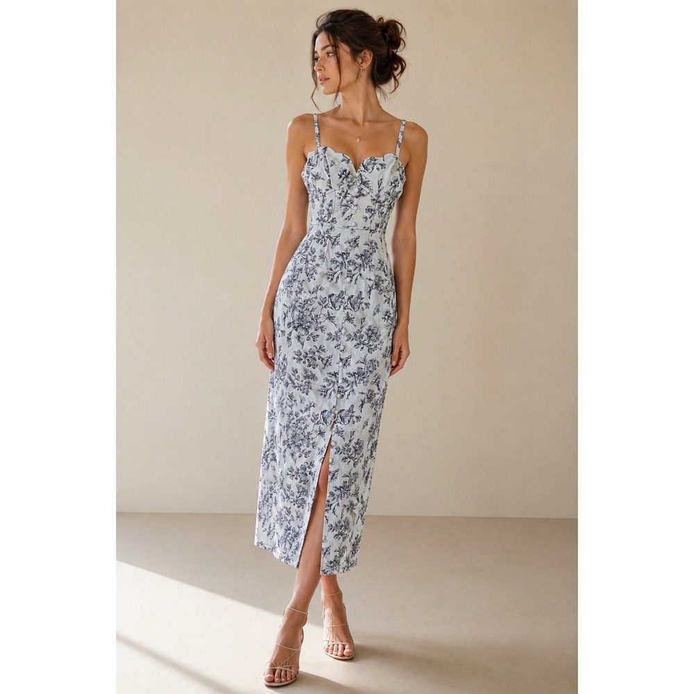 Anthropologie Toile Floral Print Scalloped Corset Style Dress Sz 0 French Girl